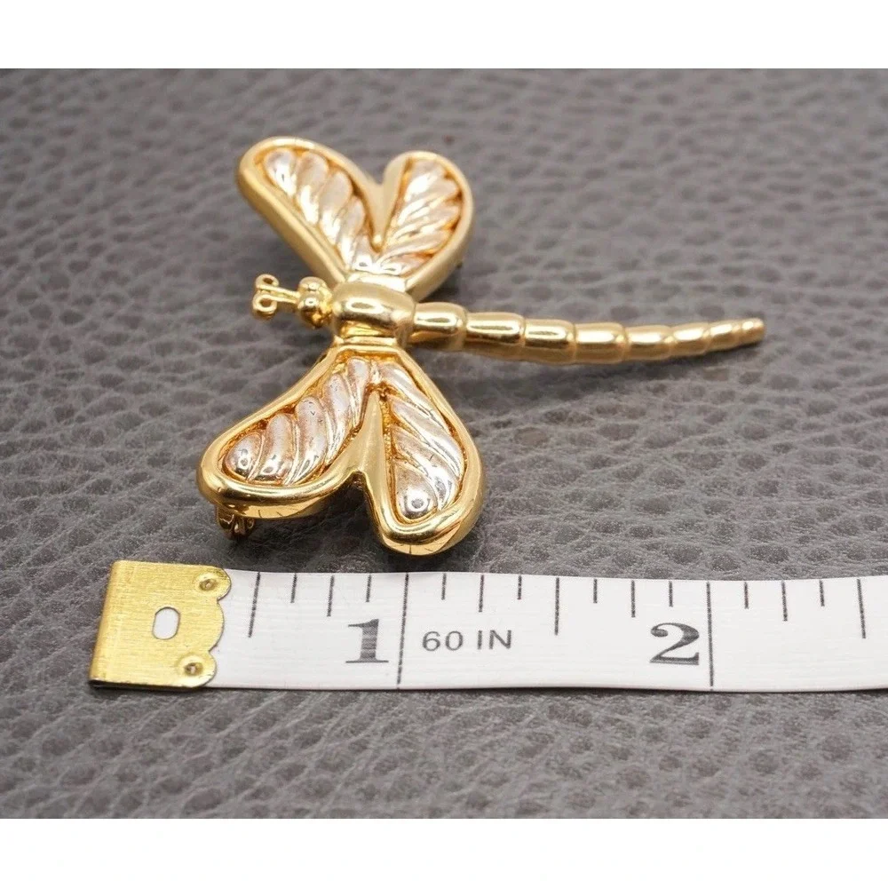 Vintage Dragonfly Brooch with Textured Wings Two Tone Gold Tone Silver Tone